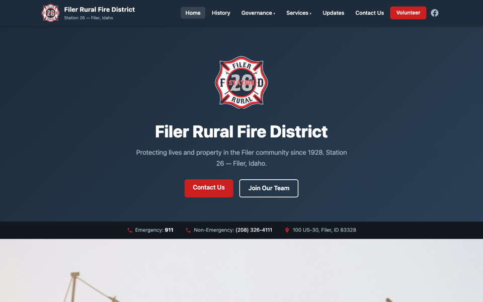 Screenshot of the Filer Rural Fire District website